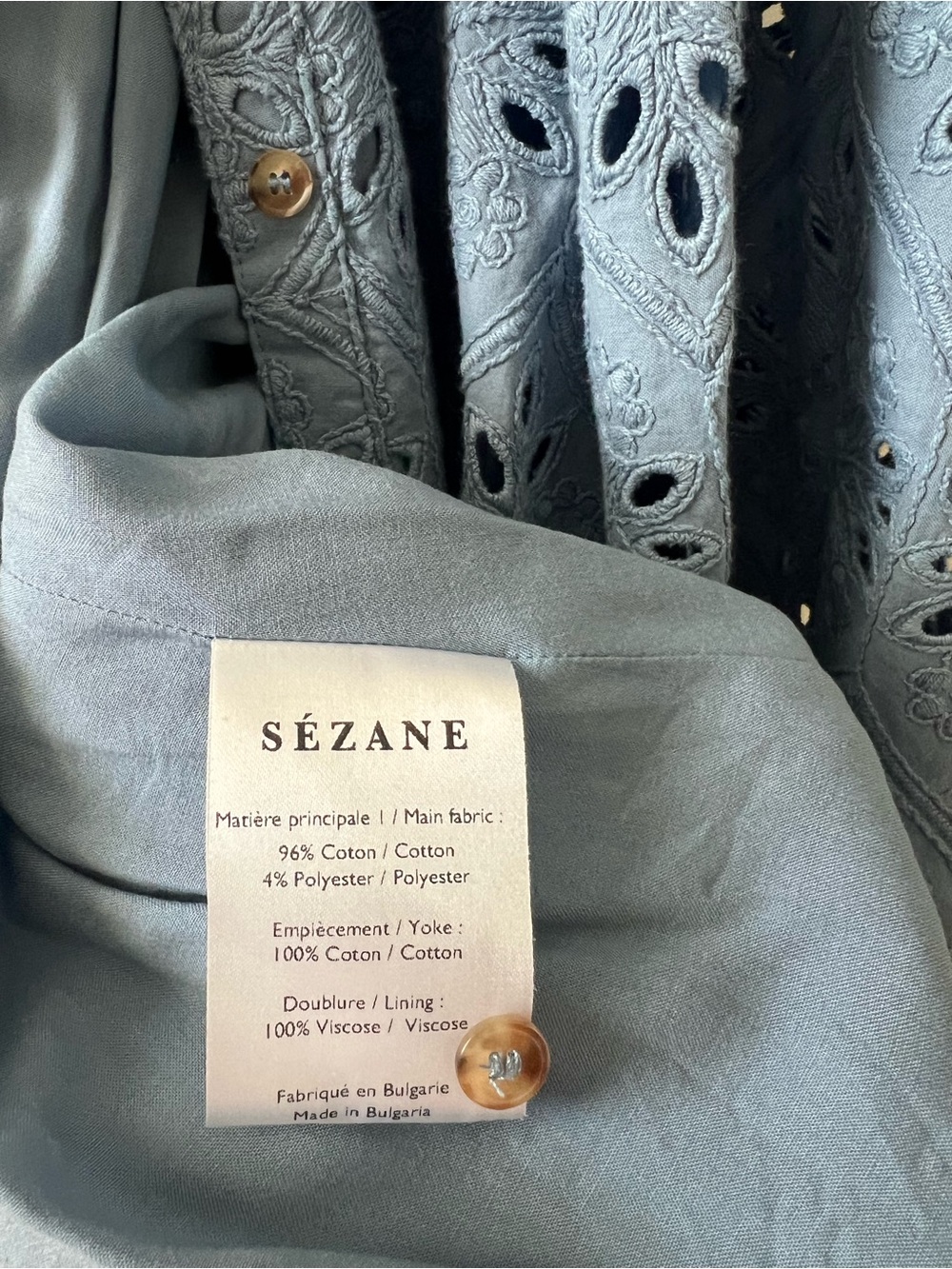 Sezane Bella Dress in Bleu Vintage, Eyelet Maxi w/ Tie Waist, size 36 - Picture 10 of 16
